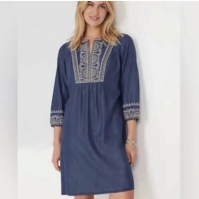 j jill embroidered denim dress J. Jill Denim Embroidered Indigo A-Line Dress L Pockets Cottagecore Fairy  Boho