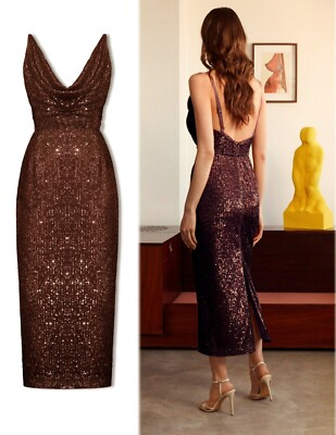 UNDRESS sz XS Berta Dark Brown Sequin Draped Front Open Back Midi Dress