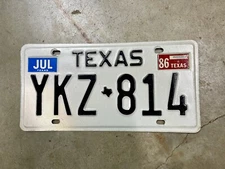 1985 Plate With 86 Sticker Texas License Plate YKZ-814