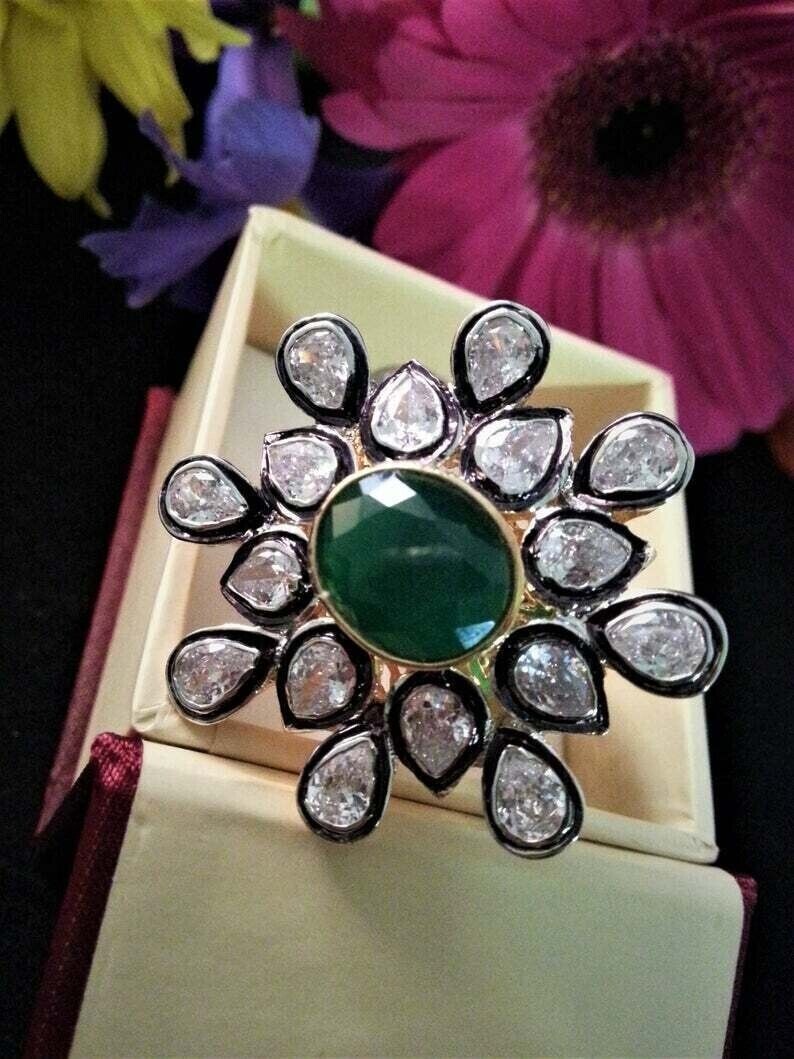 Emerald Gemstone Cocktail Ring with Natural Polki Diamonds, Perfect Wedding Gift for Her