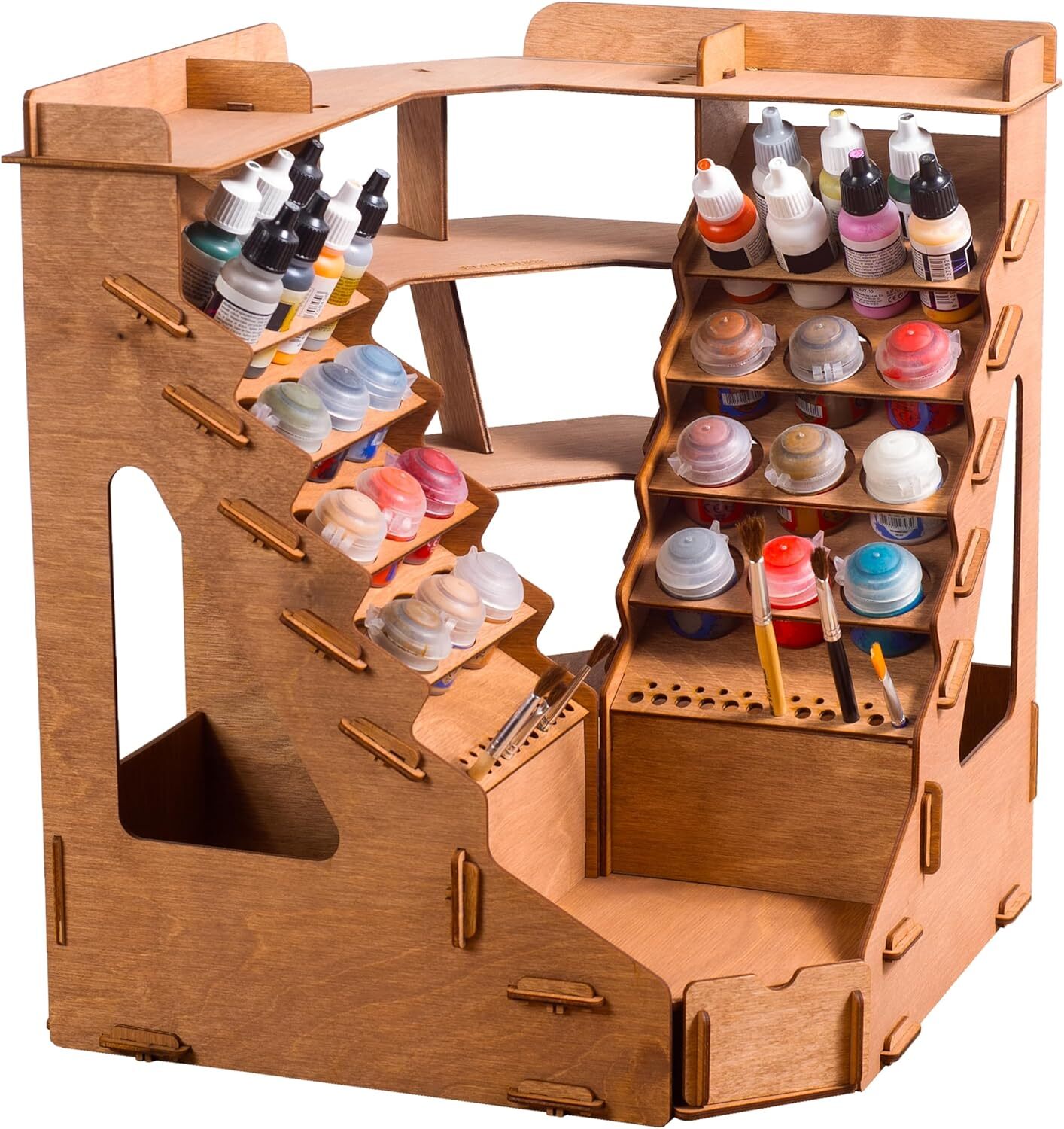 32-Bottle Wooden Paint Organizer with 46-Brush Holder for Corner Storage