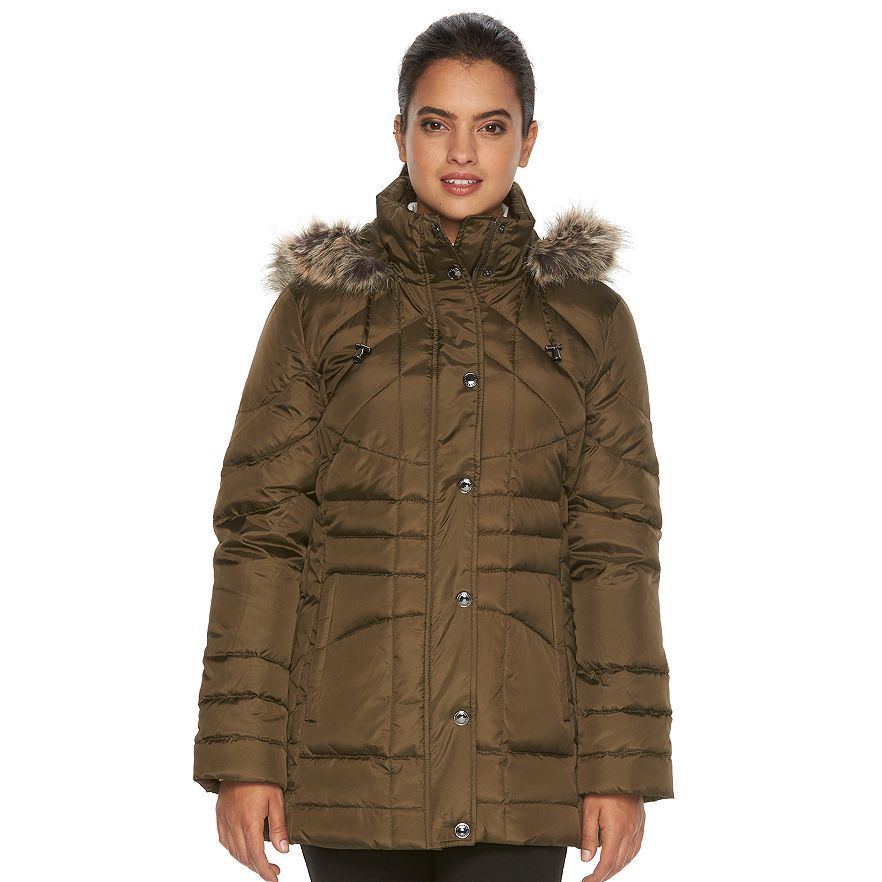 NWT - LONDON FOG Women's FAUX FUR HOODED DOWN Kale (Green) PARKA - Large