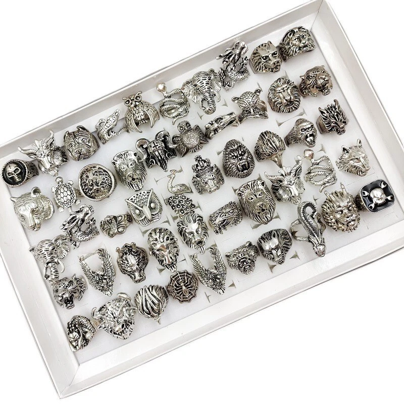 Lote de 50 anillos de joyería vintage enchapados en plata de metal animal punk para hombres mujeres Foto 4 de 4