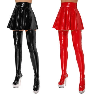 Damen Wetlook Glänzend Rock Kurz Minirock Lackleder Plisseerock Mini Skater Rock - Bild 1 von 4