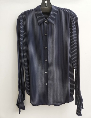 THEORY NAVY BLUE/WHITE SILK FINE PINSTRIPE LONG SLEEVE BLOUSE SHIRT TOP size M - Picture 6 of 10