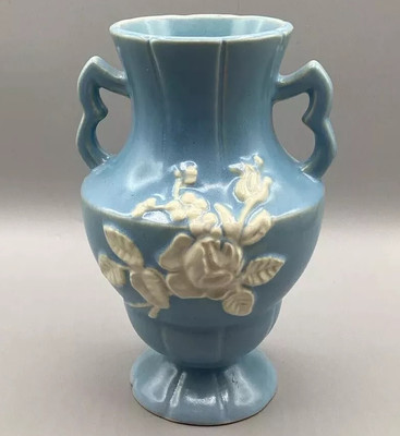 Vintage Weller Ceramic Pottery Vase Applied Rose Baby Blue
