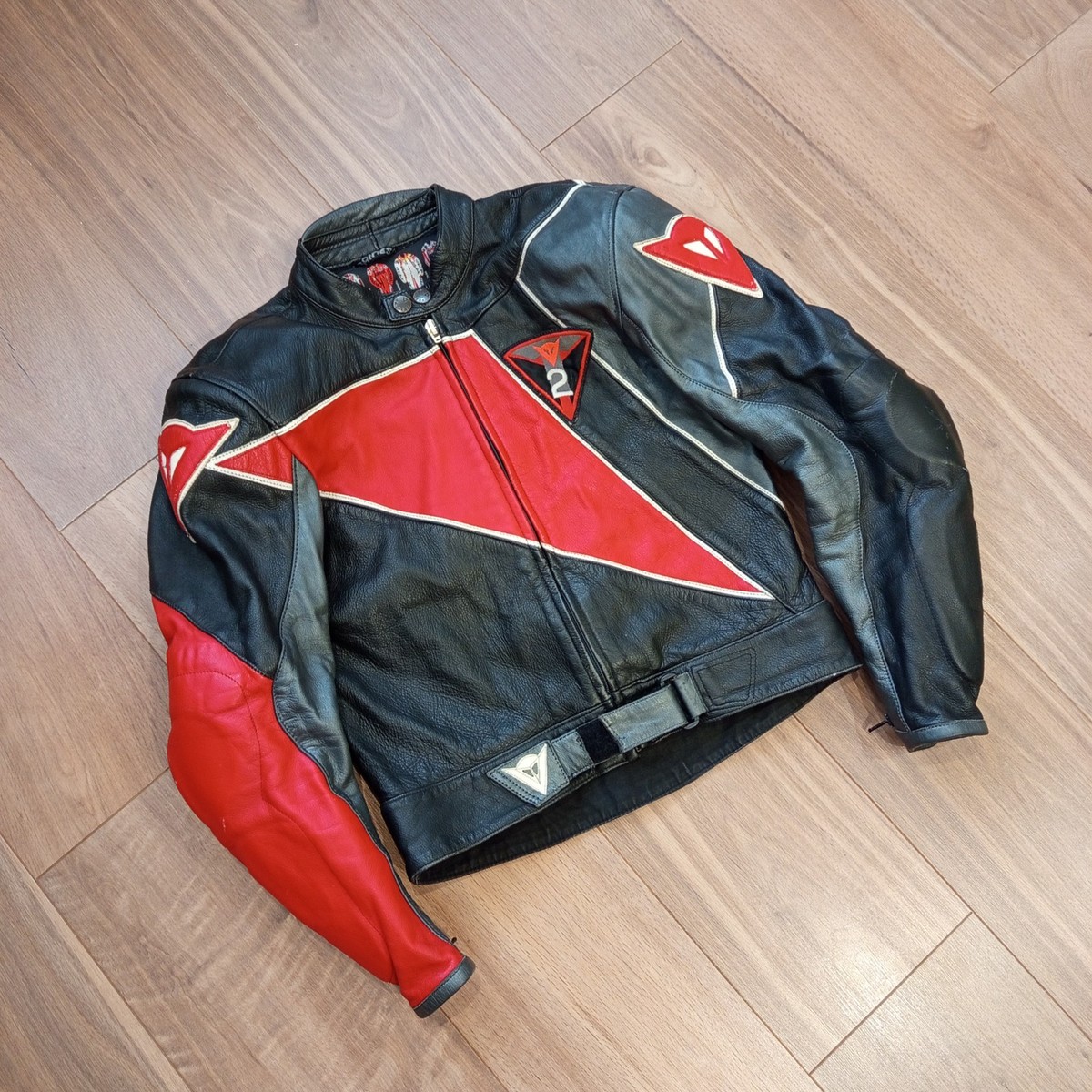 Vintage Dainese Leather Motorcycle Jacket Black Red Biker Racing