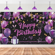 Purple Happy Birthday Banner - Black Gold Party Decorations Large Sign Shiny Bac