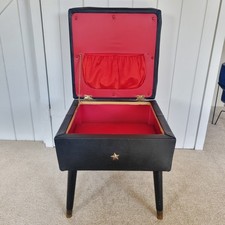 Vintage 60's Sherborne Sewing Box Foot Stool Red Black Vinyl Retro Mid-Century