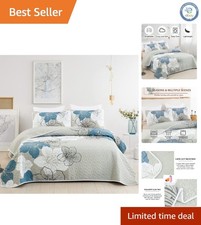 Elegant 3-Piece Floral Quilt Set Queen Size - Boho Blue Microfiber Bedding