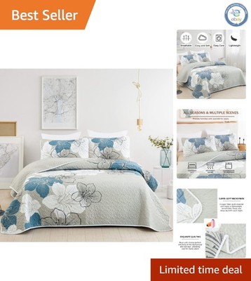 Elegant 3-Piece Floral Quilt Set Queen Size - Boho Blue Microfiber Bedding