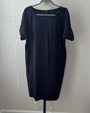 Talbots Shirt Dress Womens 1X Loose Navy Blue Cutout Lace Sleeve Stretchy Cotton