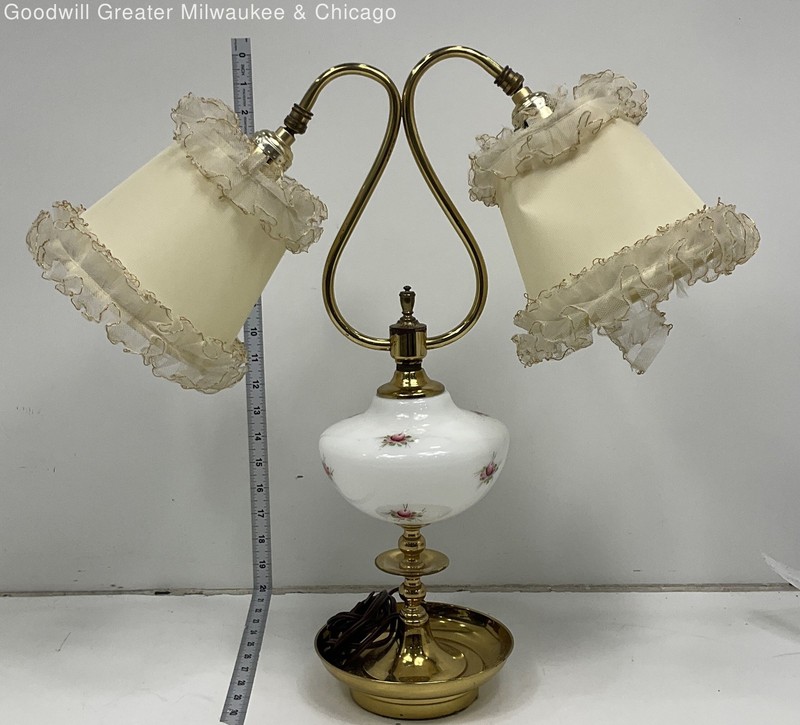 Unbranded Brass White Floral Double Arm Table Lamp Vintage Milk Glass