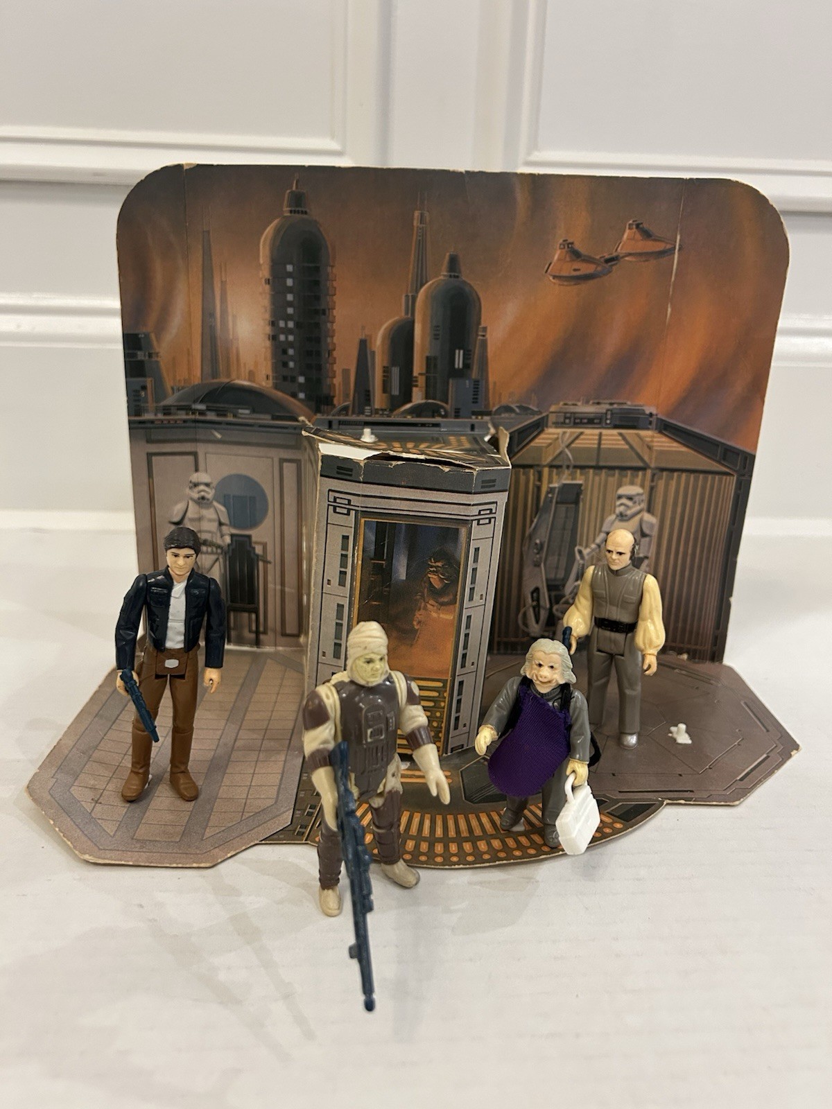 STAR WARS CLOUD CITY PLAYSET BACKDROP W FOOT PEGS & FIGS KENNER VINTAGE 1980 ESB