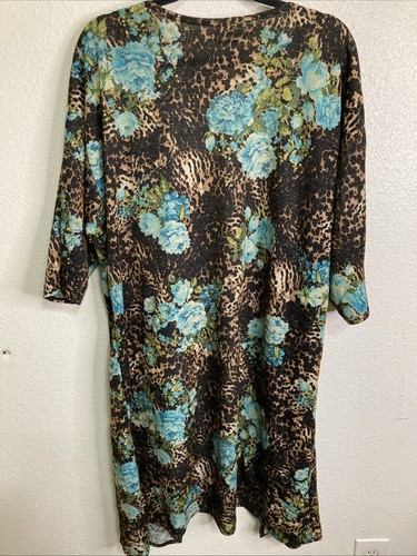 LuLaRoe Black Brown Animal Print Blue Roses Stretchy Shirley Kimono Mob Wife L - Picture 3 of 3
