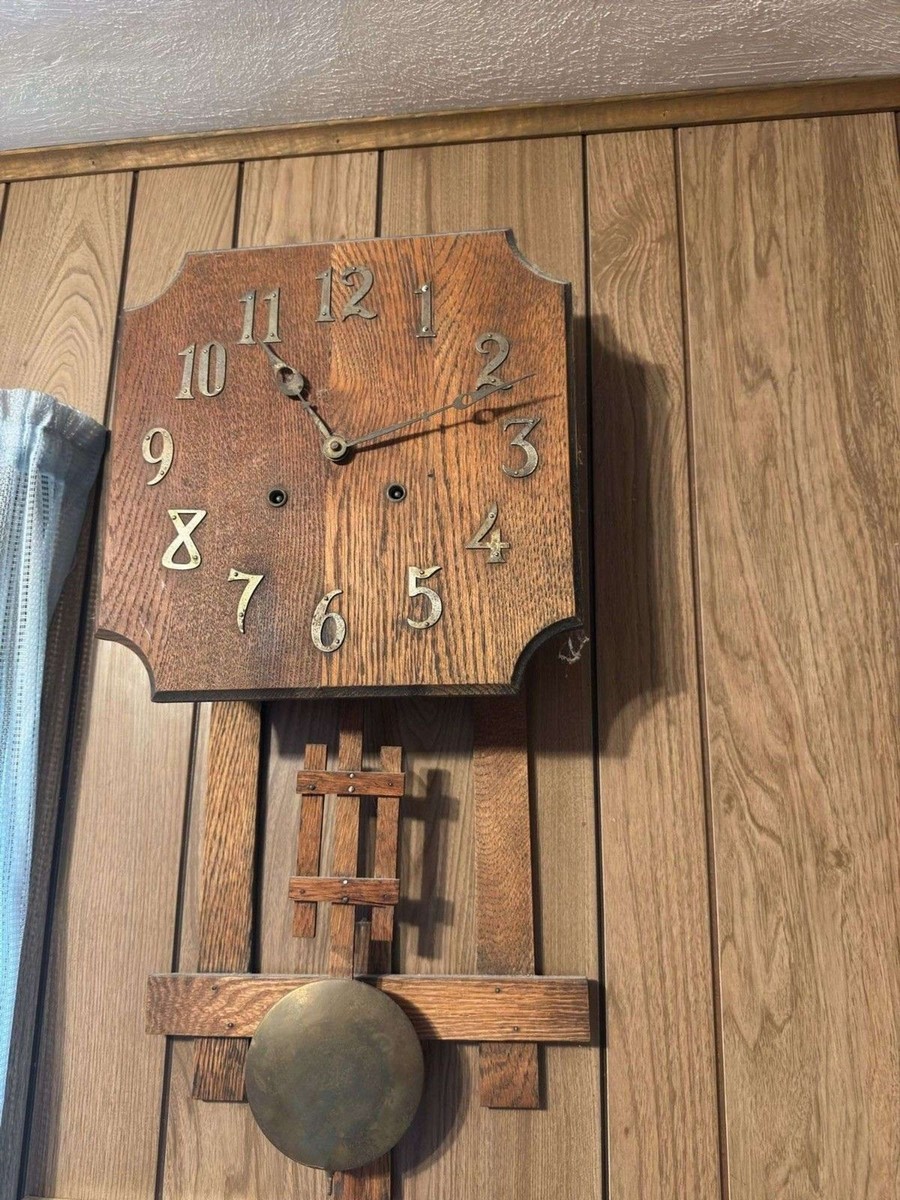 Antique Mission Style Oak Wall Clock Brass Pendulum No Key UNK