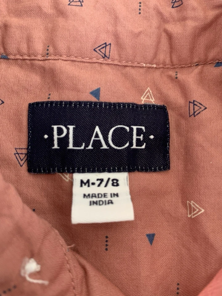 Children's Place Boy's Short Sleeve Pink Geometric Print Collared Shirt Sz:M 7/8 - Image 4 of 4