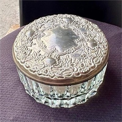 Vintage Glass Powder Jar 4.5 in w/ Ornate Metal Lid, Mirror & Powder Puff