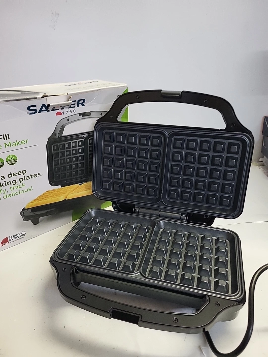 Salter Deep Fill Double Waffle Maker Black Extra Deep Cooking Plates