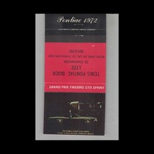 Matchbook Cover Pontiac Dealer 1972 Grand Prix - Firebird - Gto - Sprint 3 Matchbook Cover Pontiac Dealer 1972 Grand Prix - Firebird - Gto - Sprint 3