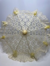 Vintage YELLOW Lace Doll Parasol Umbrella with Flowers Plastic Handle fairy