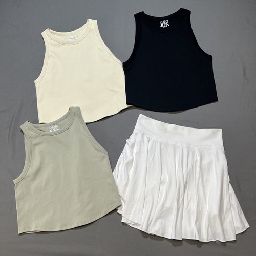 OQQ Women’s Activewear Lot Medium 3 Ribbed Crop Tank Tops 1 Tennis Skirt