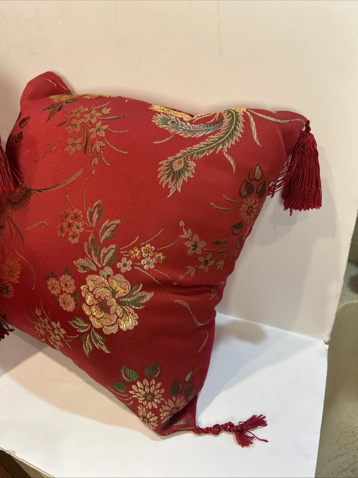 Set 2 Decorative Asian Throw Pillows Red Floral Bird Satin Square 16x16 Tassles - Image 4 of 4
