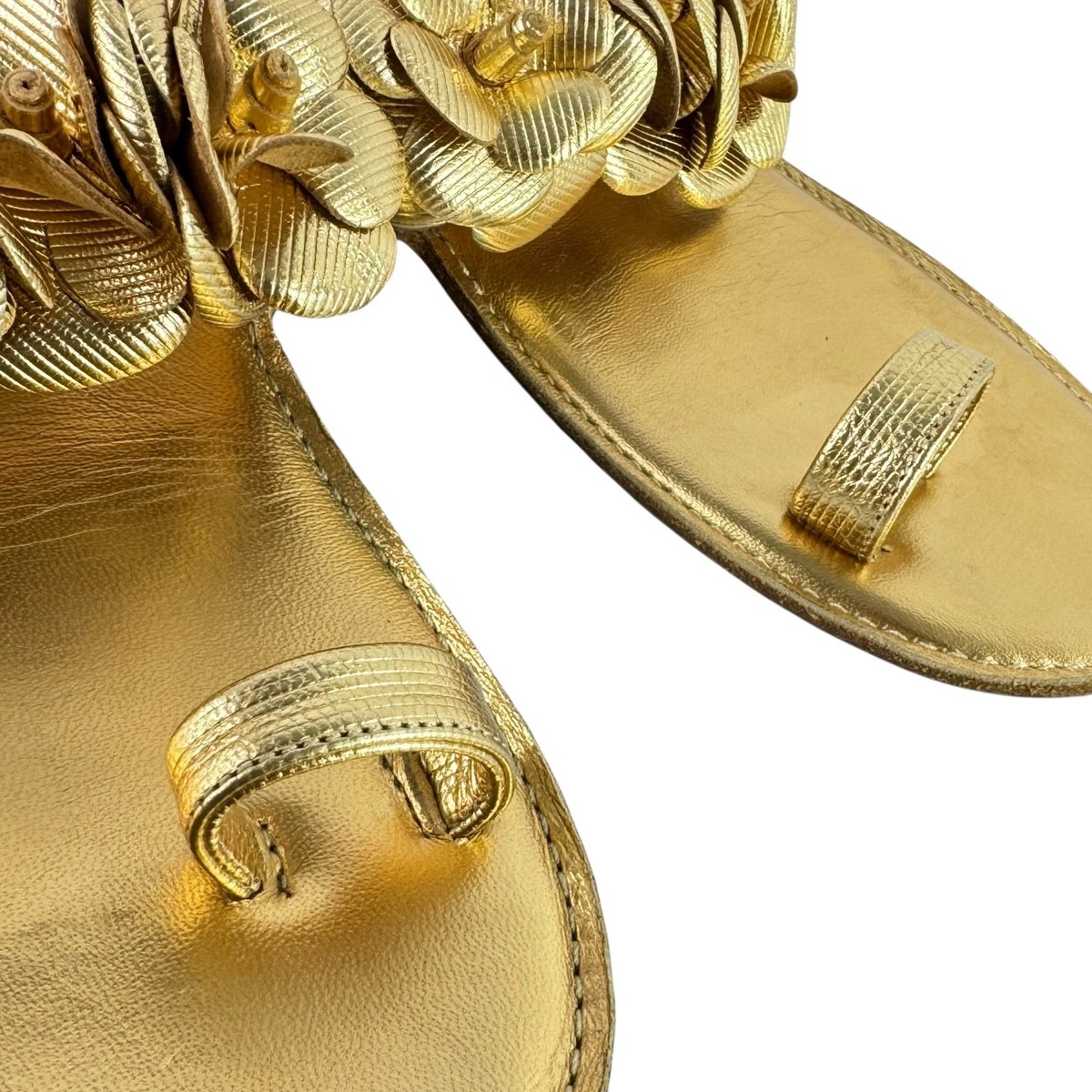 CHANEL Gold Leather Camellia Flower Toe Ring Sandals Made in Italy