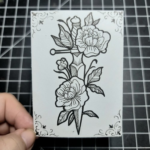 ACEO Original Ink Tattoo Dagger Alt Gothic Drawing OOAK aceotober venett_22