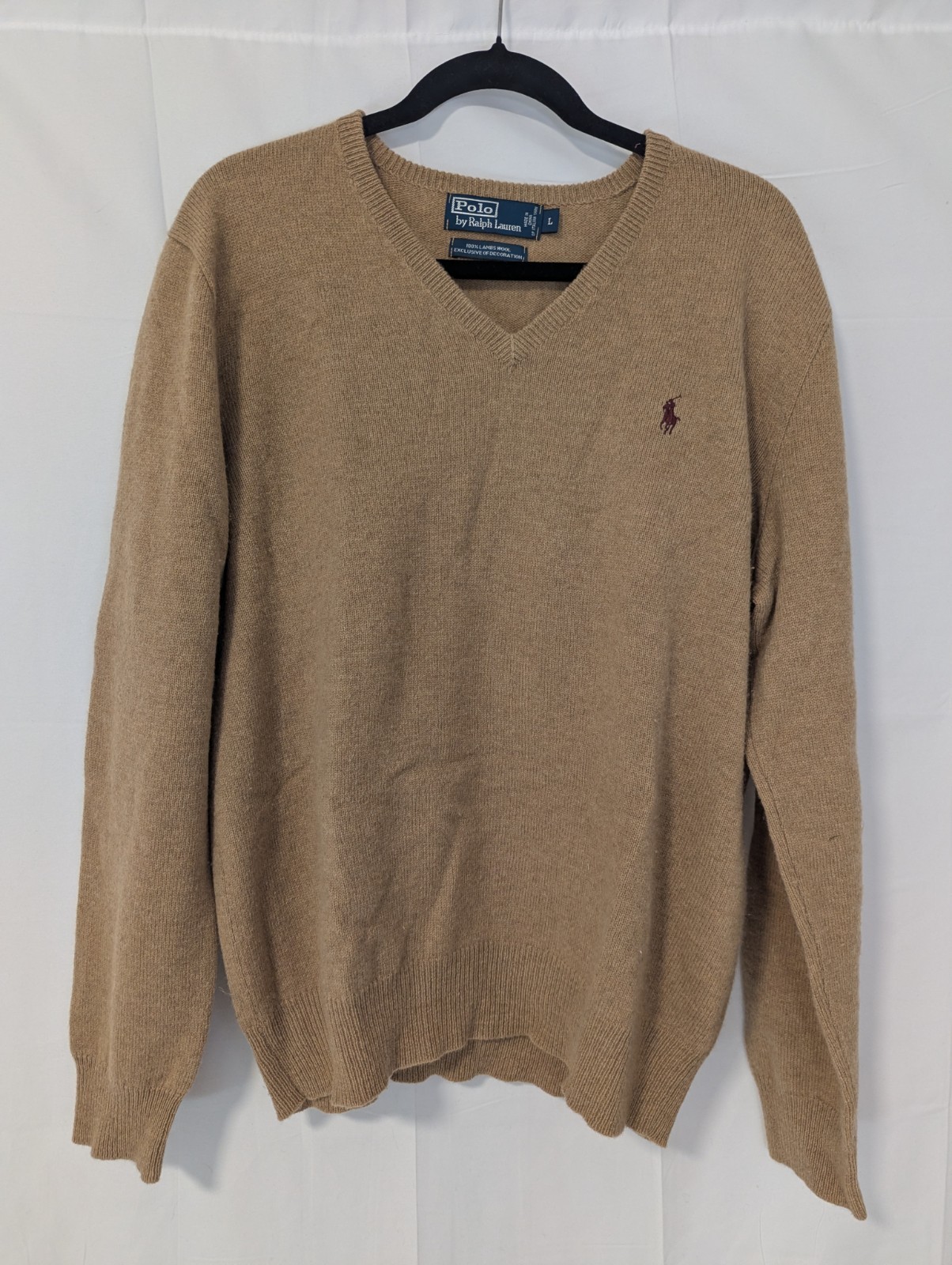Vintage Polo Ralph Lauren Men V Neck Pullover 100% Lambswool Sweater Tan Size L