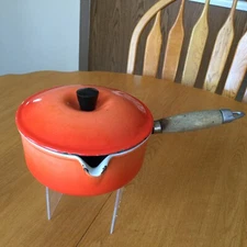 Vintage Orange Enamelware Sauce Pan with Le Cresent Marked Lid #18