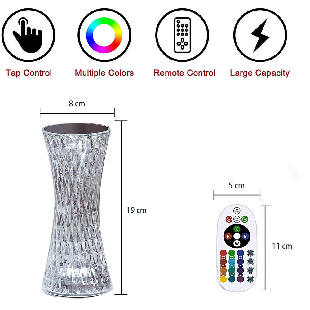 Crystal Diamond LED Table Lamp Colorful Rechargeable Bedside Night