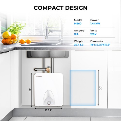 Camplux 6 Gallon Electric Water Heater - 120V Under Sink Mini Tank For Bathroom, RV, Office 13 thumbnail image