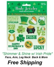 St. Patrick's Day 15 pc Lucky Irish Green Glitter Shamrock Tattoo Body Jewelry