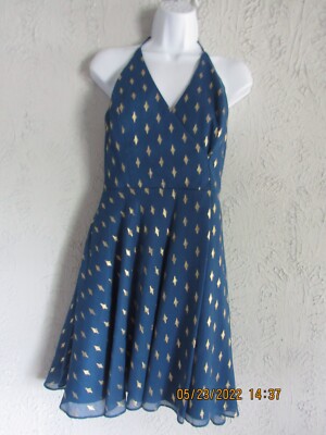 Blondie Nites nwt sz 9 royal blue w/gold design mini fit&flair halter dress cute