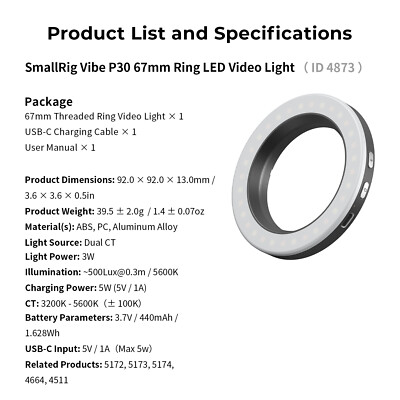 SmallRig Vibe P30 67mm Ring Bi-color Portable LED Video Light for