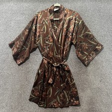 Vintage California Dynasty Satin Kimono Robe Brown Floral Animal Print Small USA