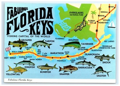 Postcard Fabulous Florida Keys Map Fishing Capitol of the World UNP
