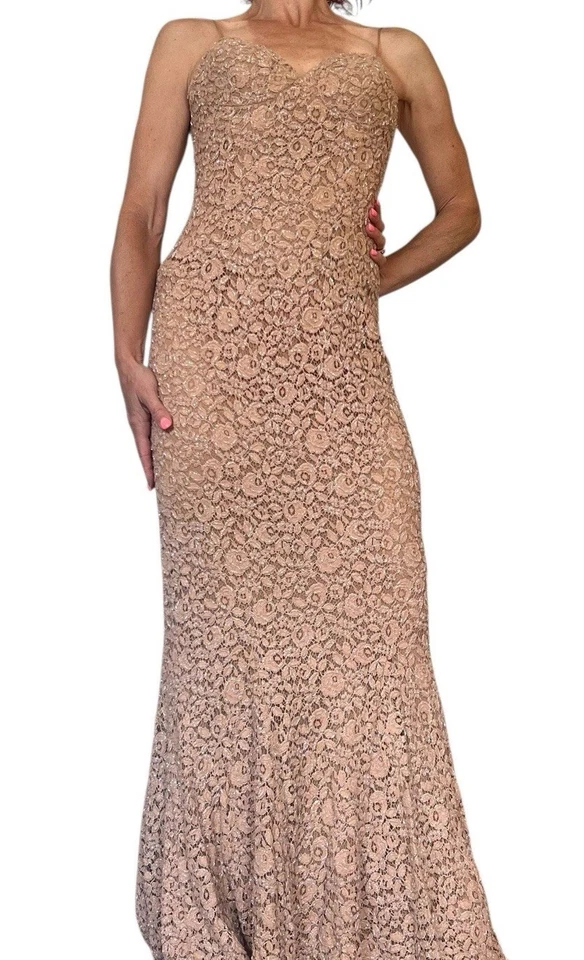 VTG. CARMEN MARC VALVO GOWN BEADED LACE MERMAID SWEETHEART NUDE BLUSH COCKTAIL 6 - Image 4 of 4