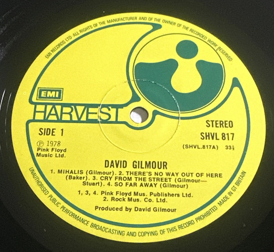 David Gilmour-David Gilmour 12” Vinyl Album SHVL817 VG+ / VG+ - Image 4 of 4