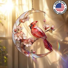 Cardinal Bird Acrylic Suncatcher, Red Bird Moon Window Hanging, Memorial Gift