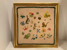 Vintage Crewel Embroidery Erica Wilson Woodland Animals Snail Frog Rabbit framed