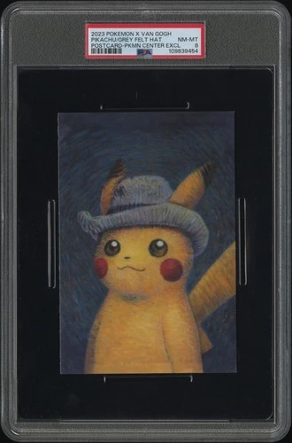 2023 POKEMON X VAN GOGH POSTCARD PIKACHU WITH GREY FELT HAT PSA 8