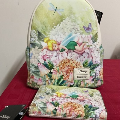 LOUNGEFLY DISNEY PETER PAN TINKER BELL FLOWERS MINI BACKPACK & WALLET NWT!!  