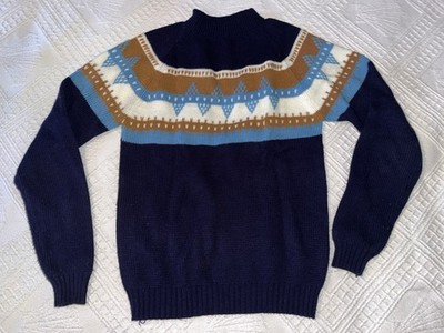 Vintage JCPenney Sweater Boys Large 16-18 Blue Fair Isle Cable Knit Pullover