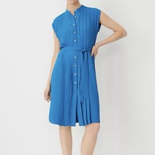 NWT Ann Taylor Belted Pleated Button Front Cap Sleeve Knee Length Dress Blue 12