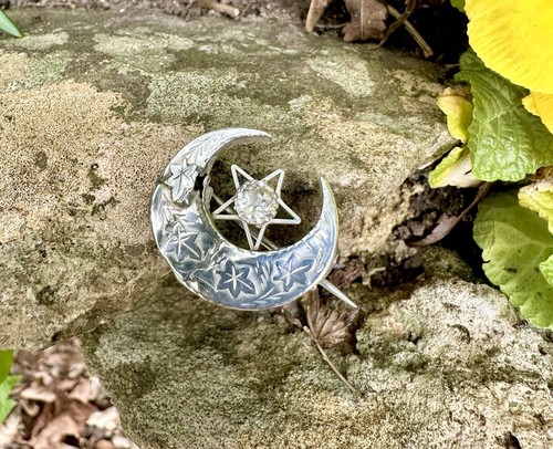 Antike viktorianische Silber Halbmond Mond/Stern Brosche (wie gefunden)