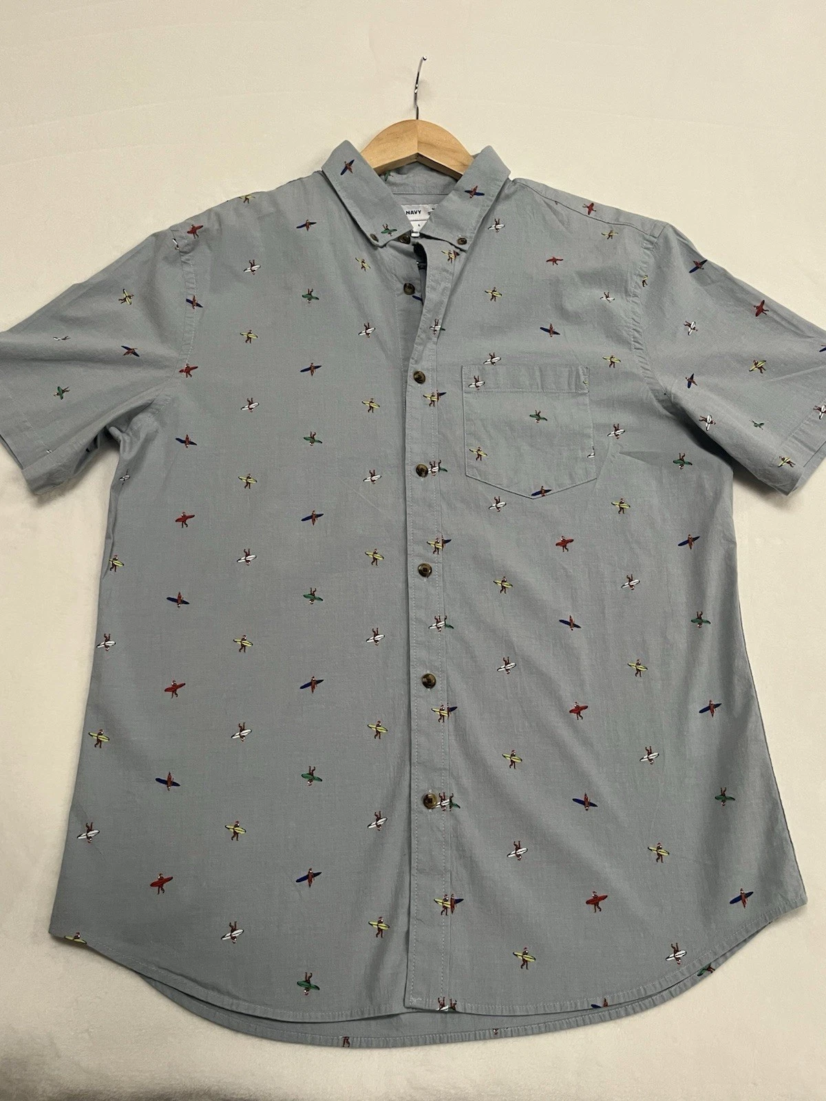 Old Navy Blue Surf Men Print Button Front Short Sleeve Shirt Size L Slim Fit