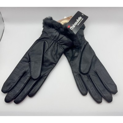 Vintage Fownes Leather Gloves Black Faux Fur Trim Thinsulate Insulation Women's