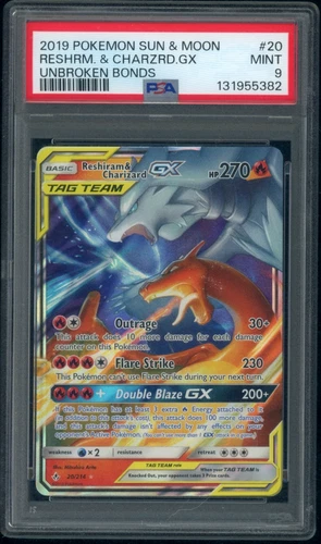 2019 Pokemon Sun & Moon Reshiram/Charizard 20/214 Unbroken Bonds PSA 9